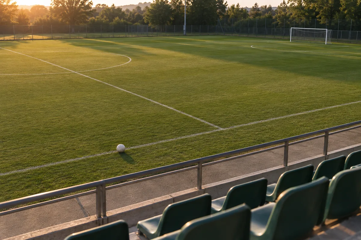 Terrain de sport vide vu depuis la tribune en fin de journée