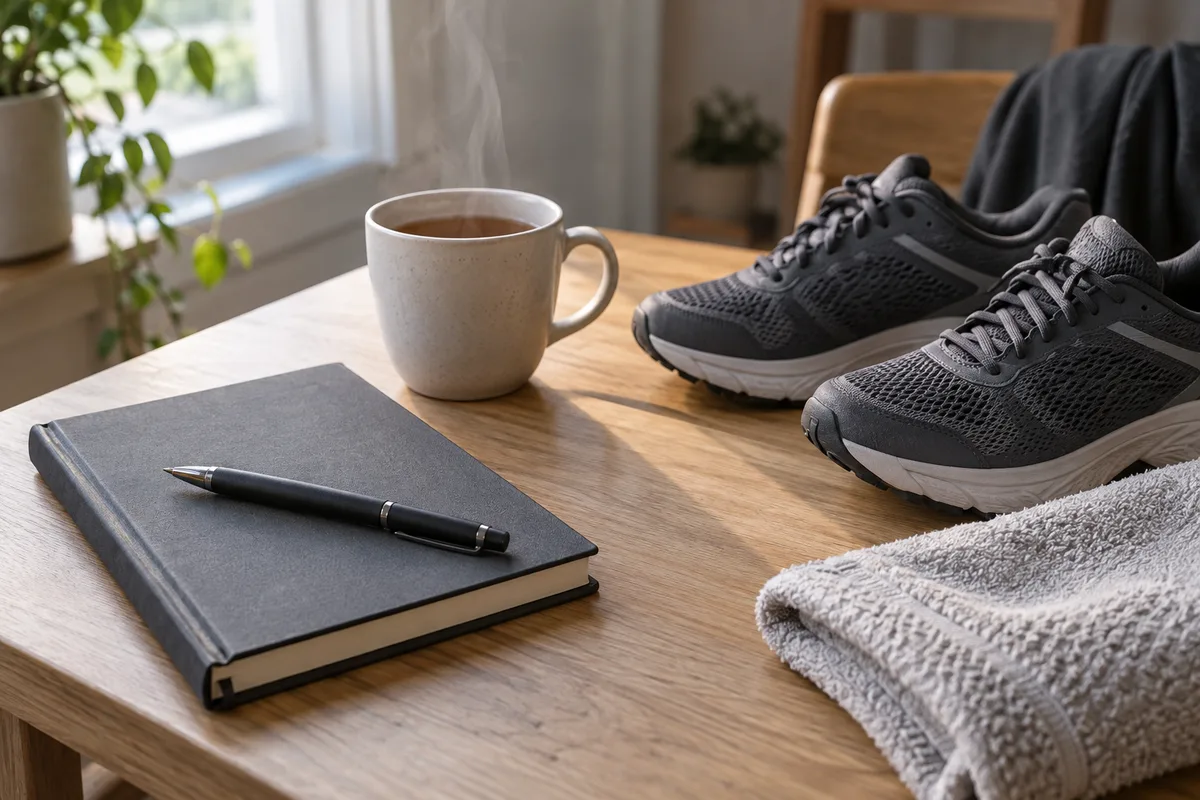 Carnet fermé et stylo posés près d&rsquo;une paire de chaussures de sport