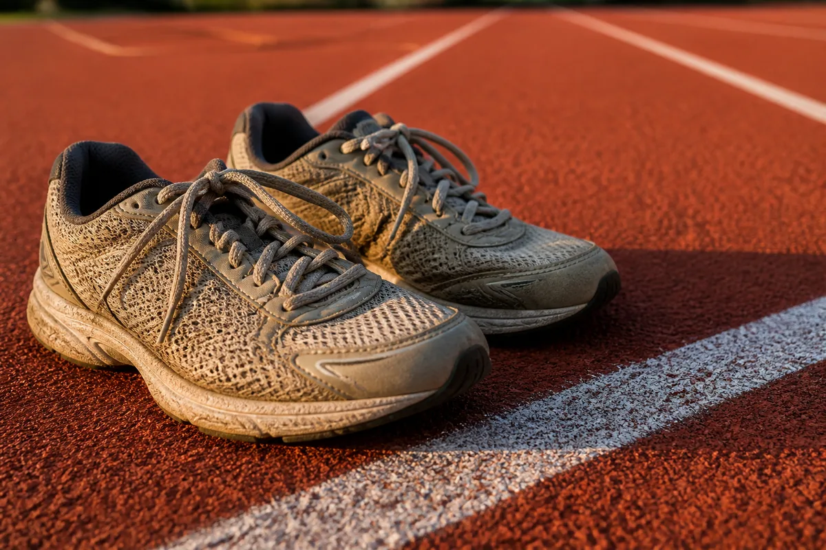 Chaussures de course posées sur une piste d’athlétisme en fin de journée