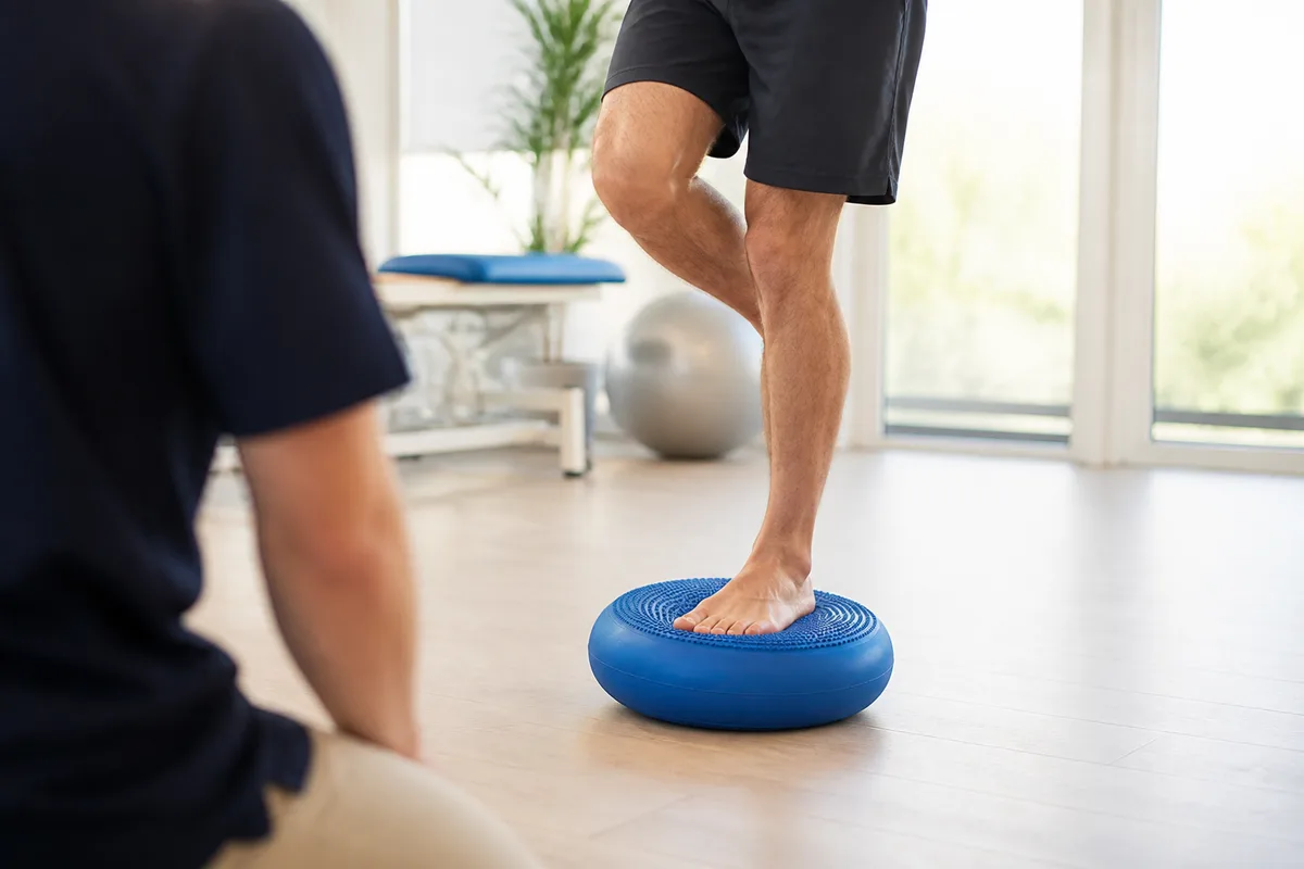 Kinésithérapeute guidant un exercice d’équilibre sur un pied nu