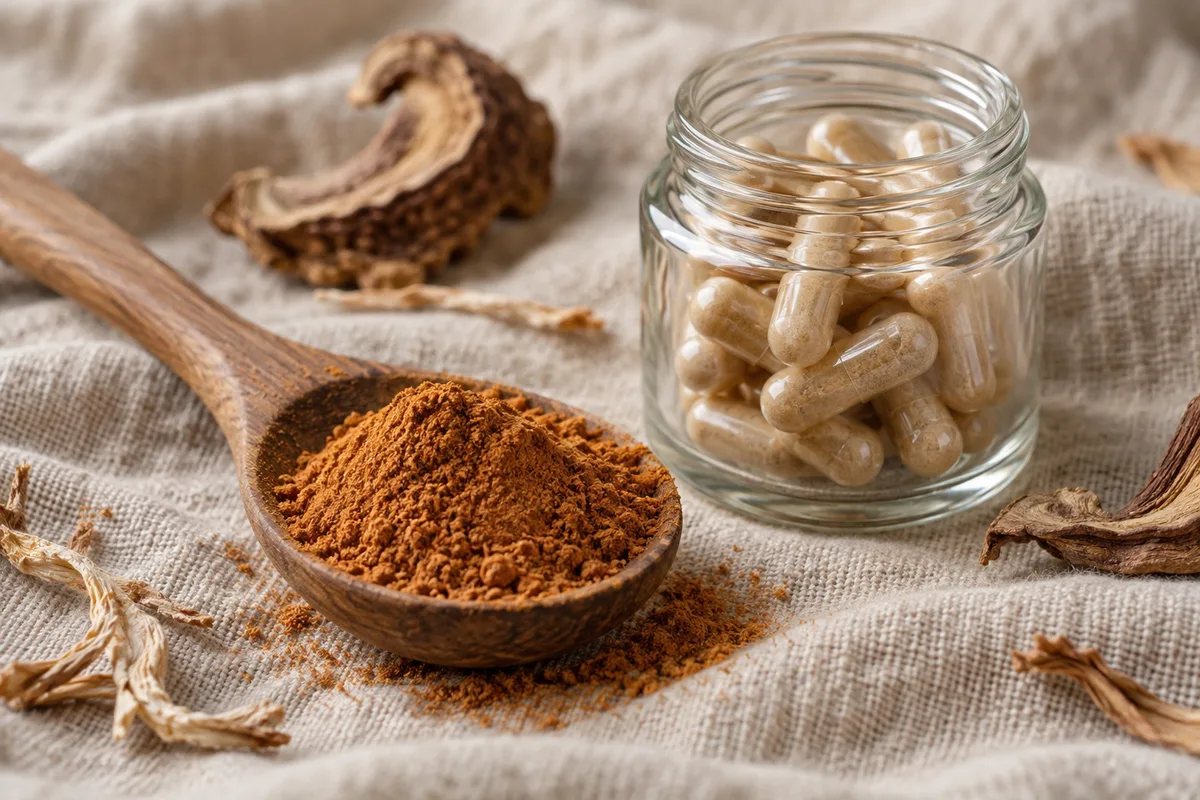 Poudre brun orangé dans une cuillère en bois et gélules dans un bocal en verre sur un fond de lin