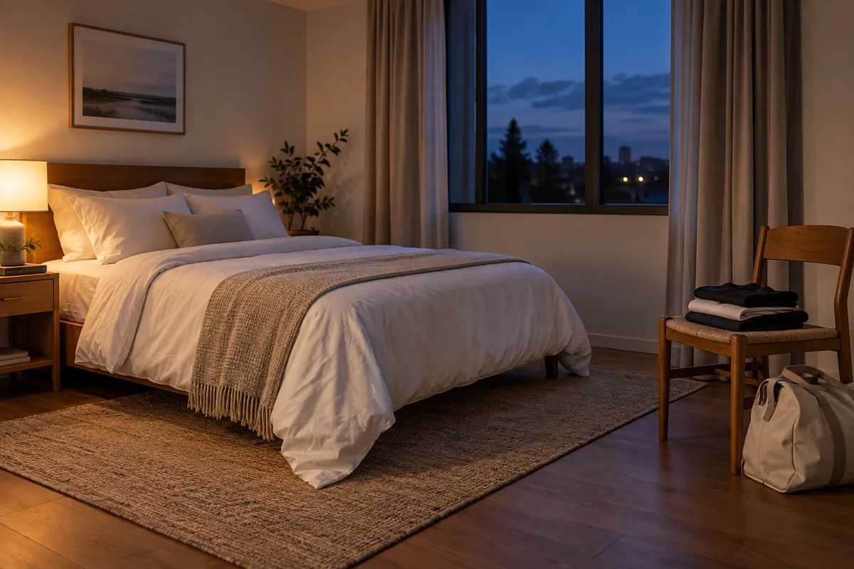 Chambre calme au crépuscule, lit fait, tenue de sport pliée sur une chaise et sac de sport au sol
