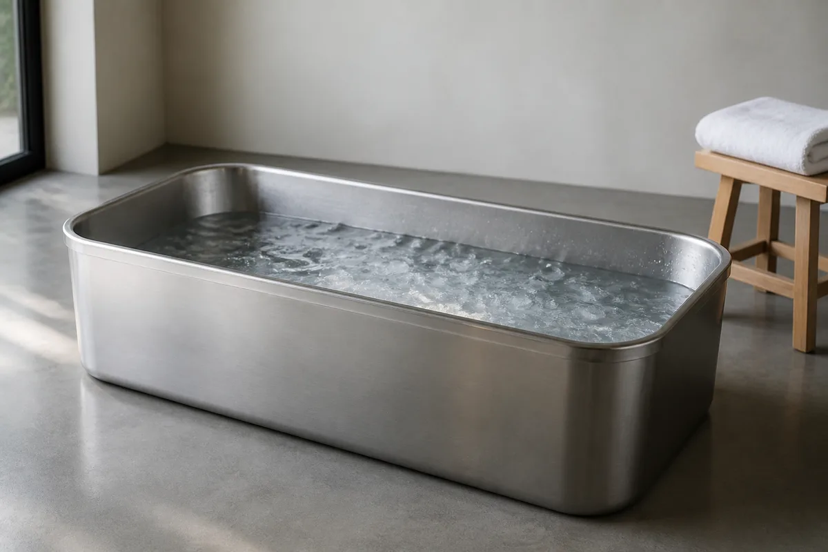Bac d’immersion en inox rempli d’eau glacée dans une salle de récupération