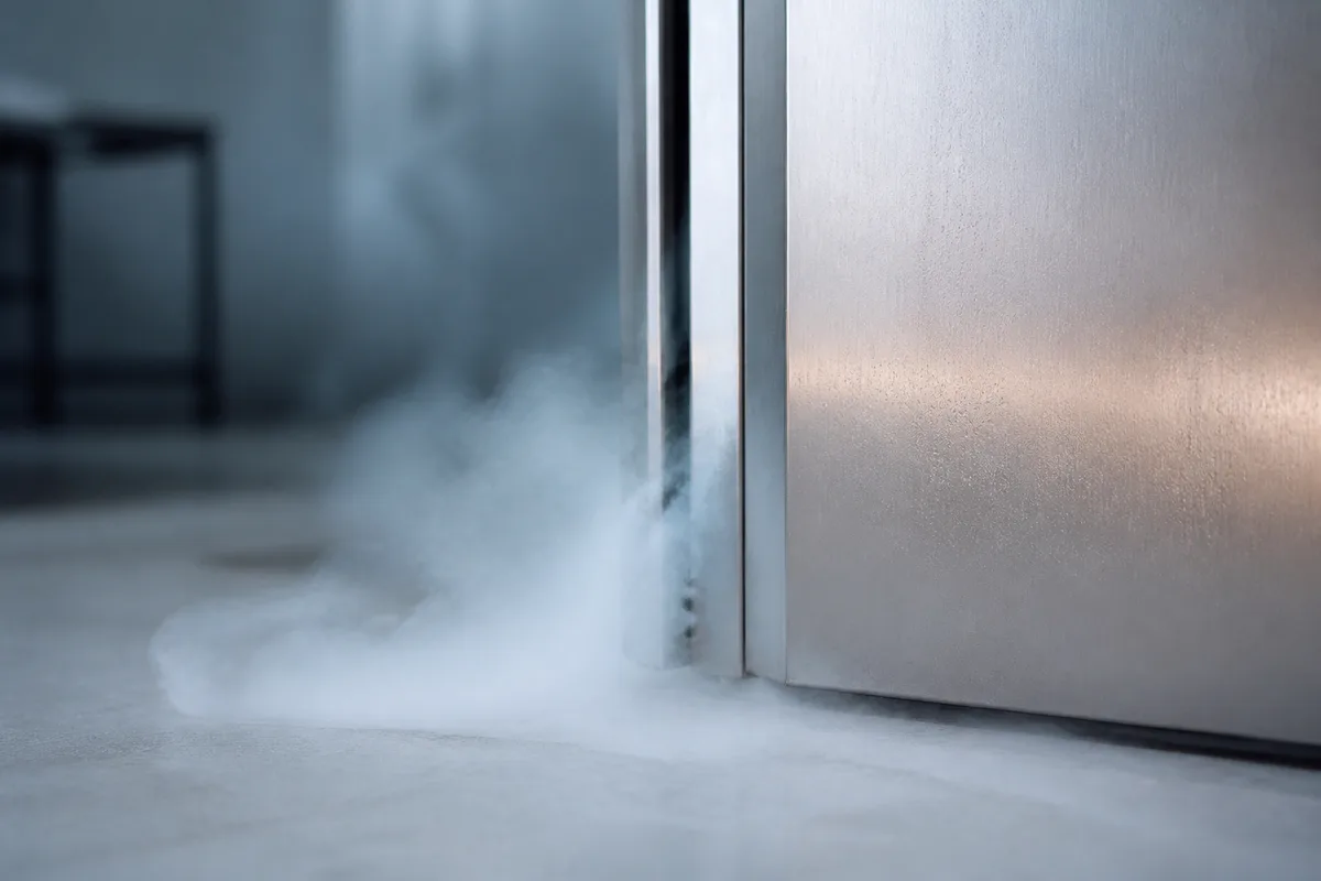 Buée froide s’échappant de l’entrebâillement d’une cabine de cryothérapie