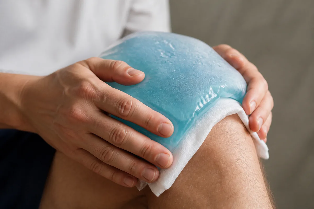 Poche de glace souple maintenue sur un genou par un linge fin
