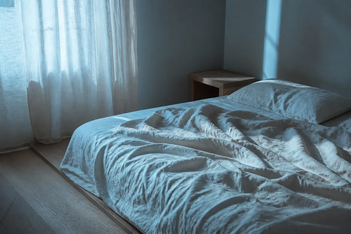 Chambre calme au petit matin, draps de lin froissés et rideau clair filtrant la lumière
