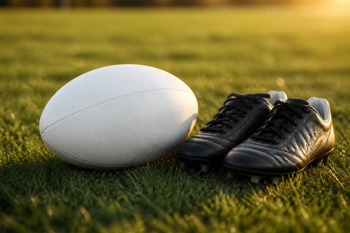Ballon de rugby et crampons posés sur une pelouse tondue