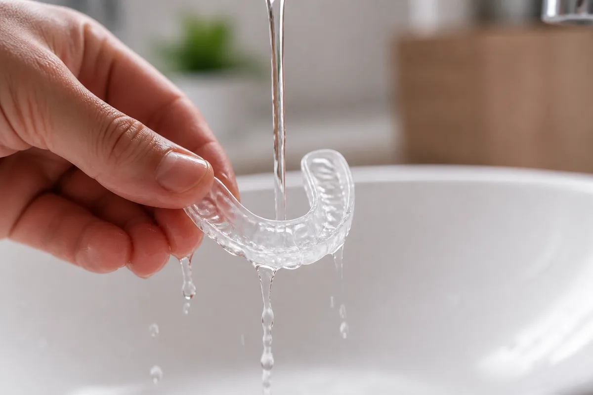 Gouttière de protection dentaire rincée sous un filet d&rsquo;eau froide