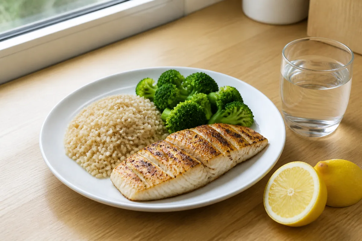 Assiette de poisson grillé, riz complet et légumes verts posée sur un plan de travail en bois clair