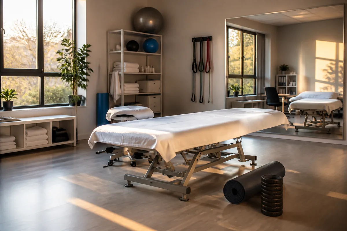 Salle de kinésithérapie lumineuse avec table de soin drapée de blanc, tapis roulé et rouleau de massage posés à côté
