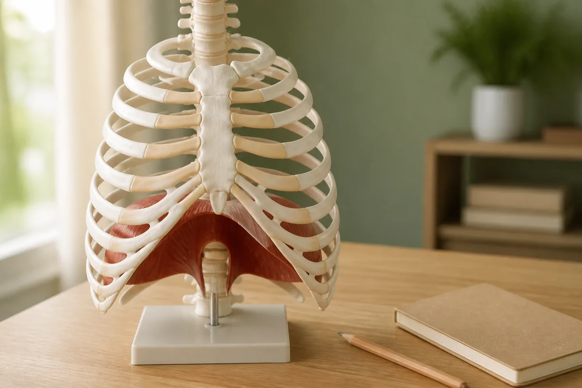 Modèle anatomique du diaphragme posé sur une table de bois clair dans un cabinet lumineux