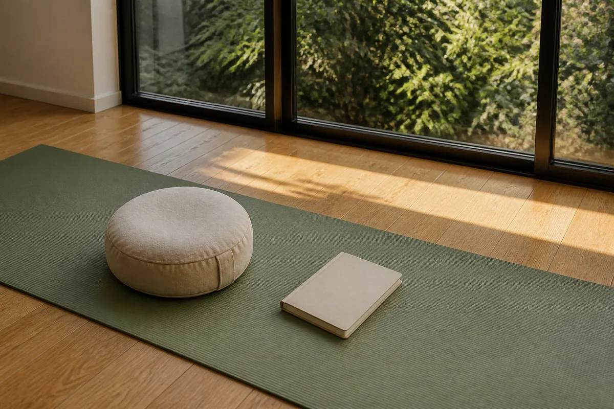 Tapis de sol déroulé près d&rsquo;une baie vitrée, coussin de yoga et carnet posés au sol dans une lumière douce