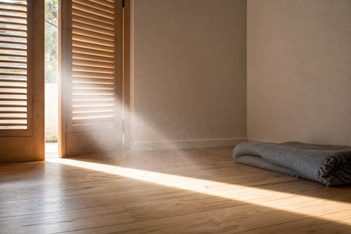 Rai de lumière matinale sur un parquet de bois clair, volets entrouverts