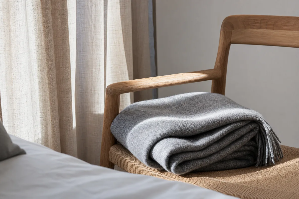 Plaid de laine plié sur un fauteuil de bois clair devant un rideau de lin
